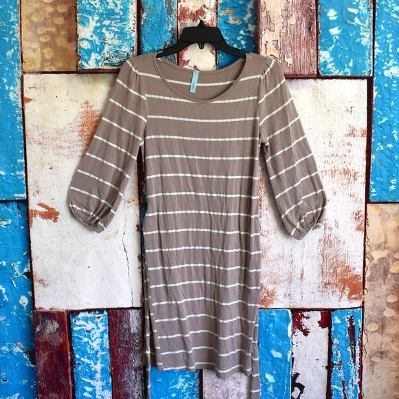 Women's Loila Dress Striped 3/4 Sleeve Crew Neck Belted SMALL Brown - Picture 1 of 13